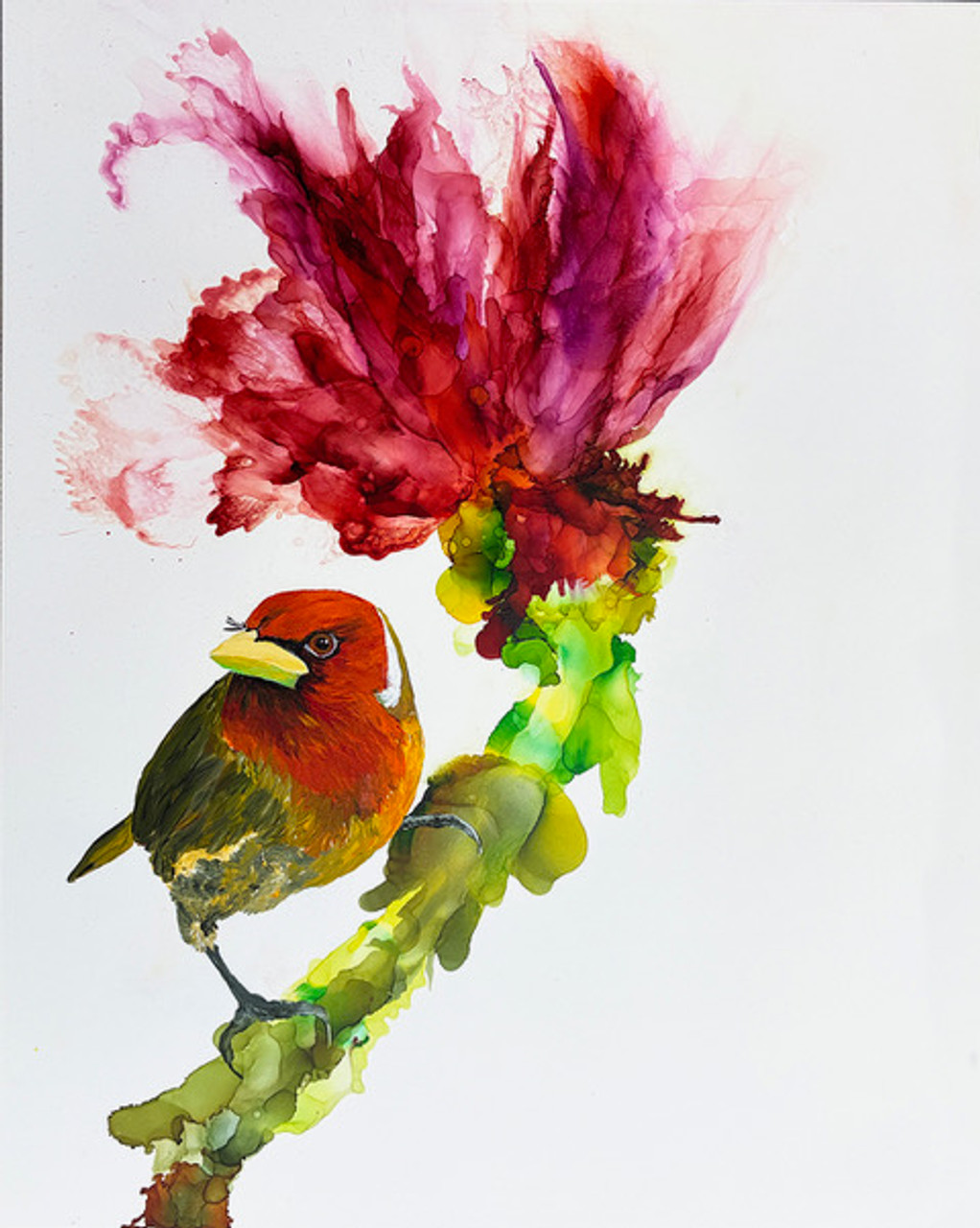 Painting by Jennifer Bain, Tropic, ink and acrylic on clayboard, 14" x 11" unframed 12.5" x 15.5" framed, 2025.