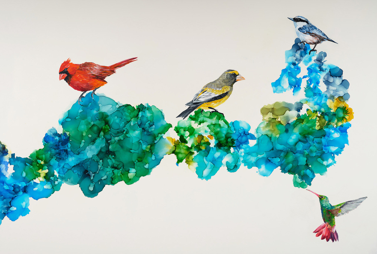 Painting by Jennifer Bain, Rendezvous III, ink and acrylic on clayboard, 11" x 14" unframed 12.5" x 15.5" framed, 2025.