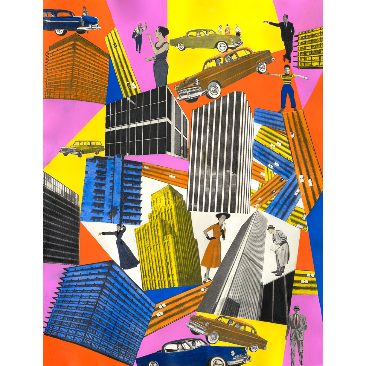 Collage-style artwork featuring mid-century buildings, vintage cars, and retro figures layered over a vibrant, geometric background of pink, yellow, blue, and orange.