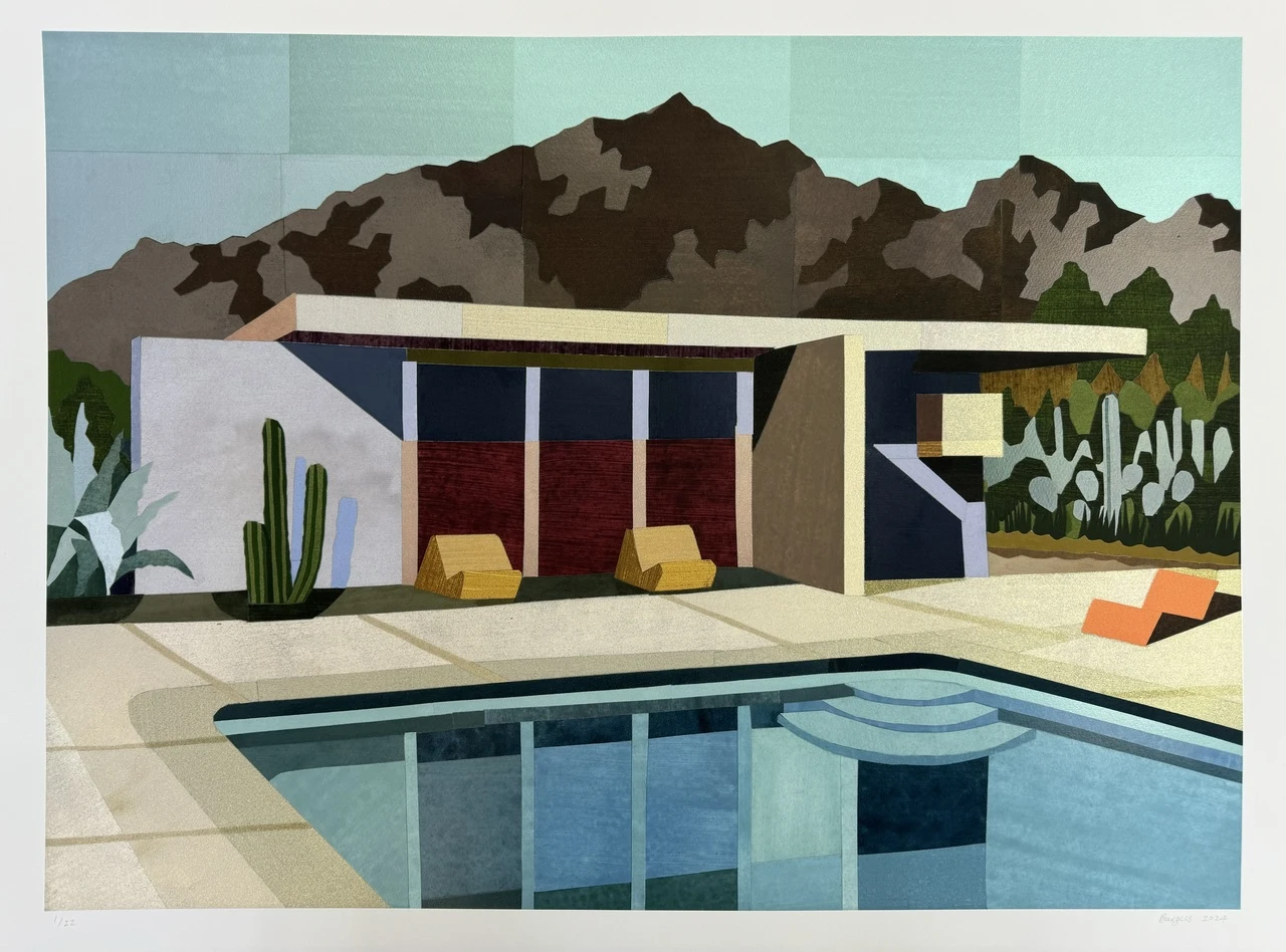 Andy Burgess, Palm Springs – Under the Mountains, Screenprint by Andy Burgess, 15/22, 27 ½” x 33”, frame size 32 ½” x 37 ½” , 2024,