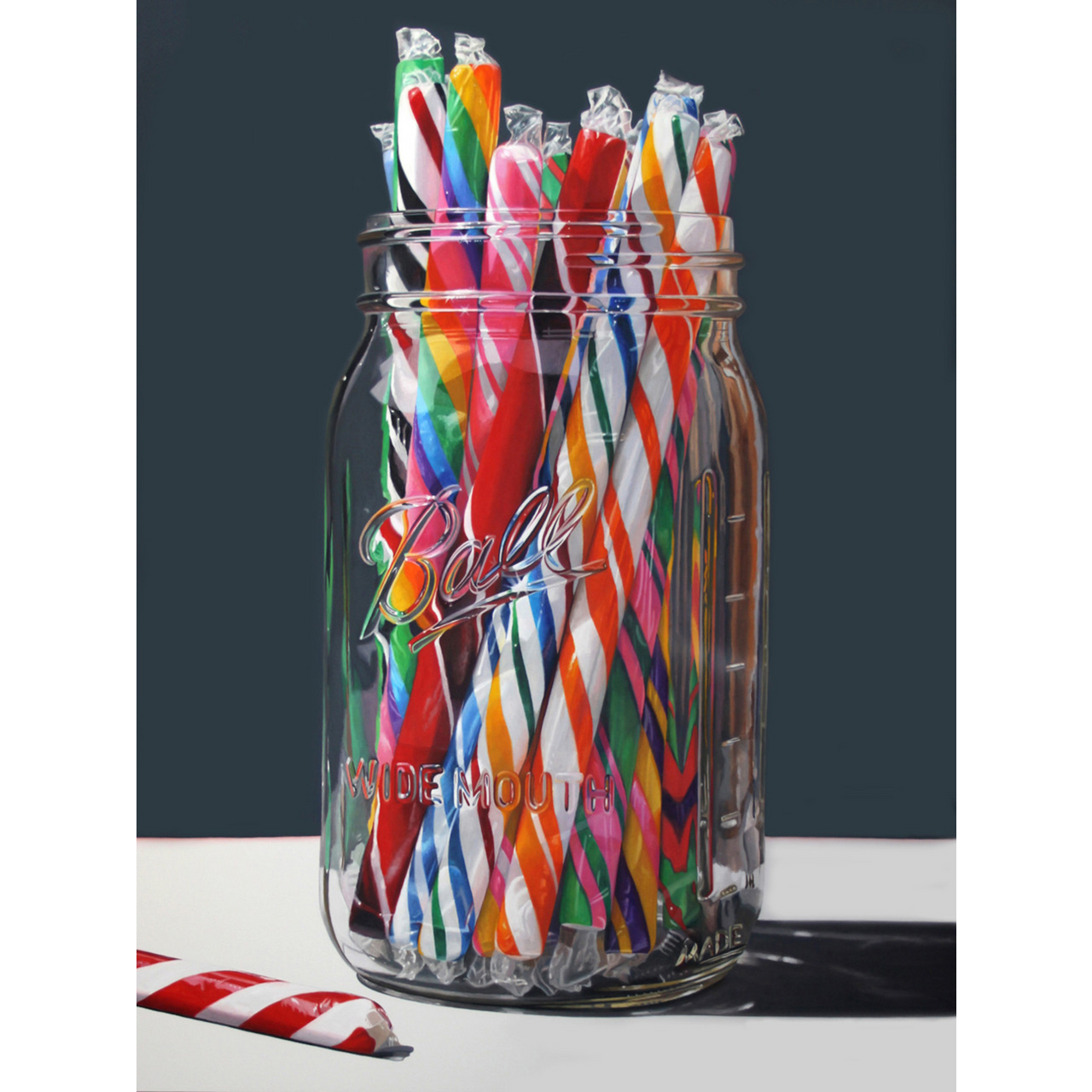 Photorealistic oil painting from 2025 by Daryl Gortner of multicolored striped candy sticks in a clear Ball mason jar, with one red-and-white candy lying on a white surface.