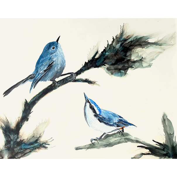 Messages by Jennifer Bain features two expressive blue birds perched on branches rendered with fluid ink and acrylic washes. Ink and acrylic on clayboard, 11" x 14" (12.5" x 15.5" framed). Original artwork available for $850.