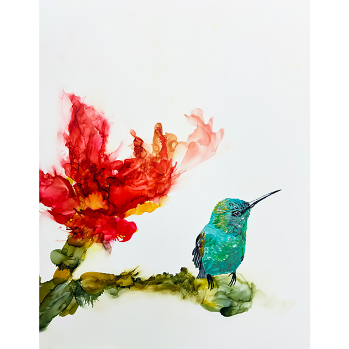 fire flower Fire Flower by Jennifer Bain is a contemporary hummingbird painting rendered in ink and acrylic on clayboard, featuring a jewel-toned bird hovering near a vivid red abstract bloom. Ink and acrylic on clayboard, 14 x 11 inches (15.5 x 12.5 inches framed). Original artwork available for $850.
