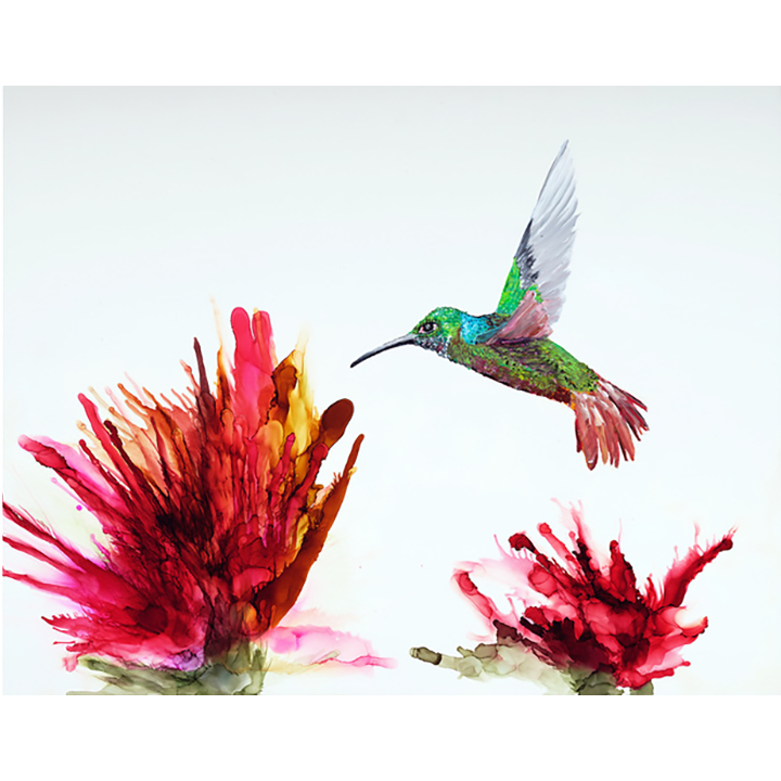 sensor Sensor by Jennifer Bain is a contemporary hummingbird painting rendered in ink and acrylic on clayboard, featuring a bird in flight among vivid abstract botanical forms. Ink and acrylic on clayboard, 11 x 14 inches (12.5 x 15.5 inches framed). Original artwork available for $850.