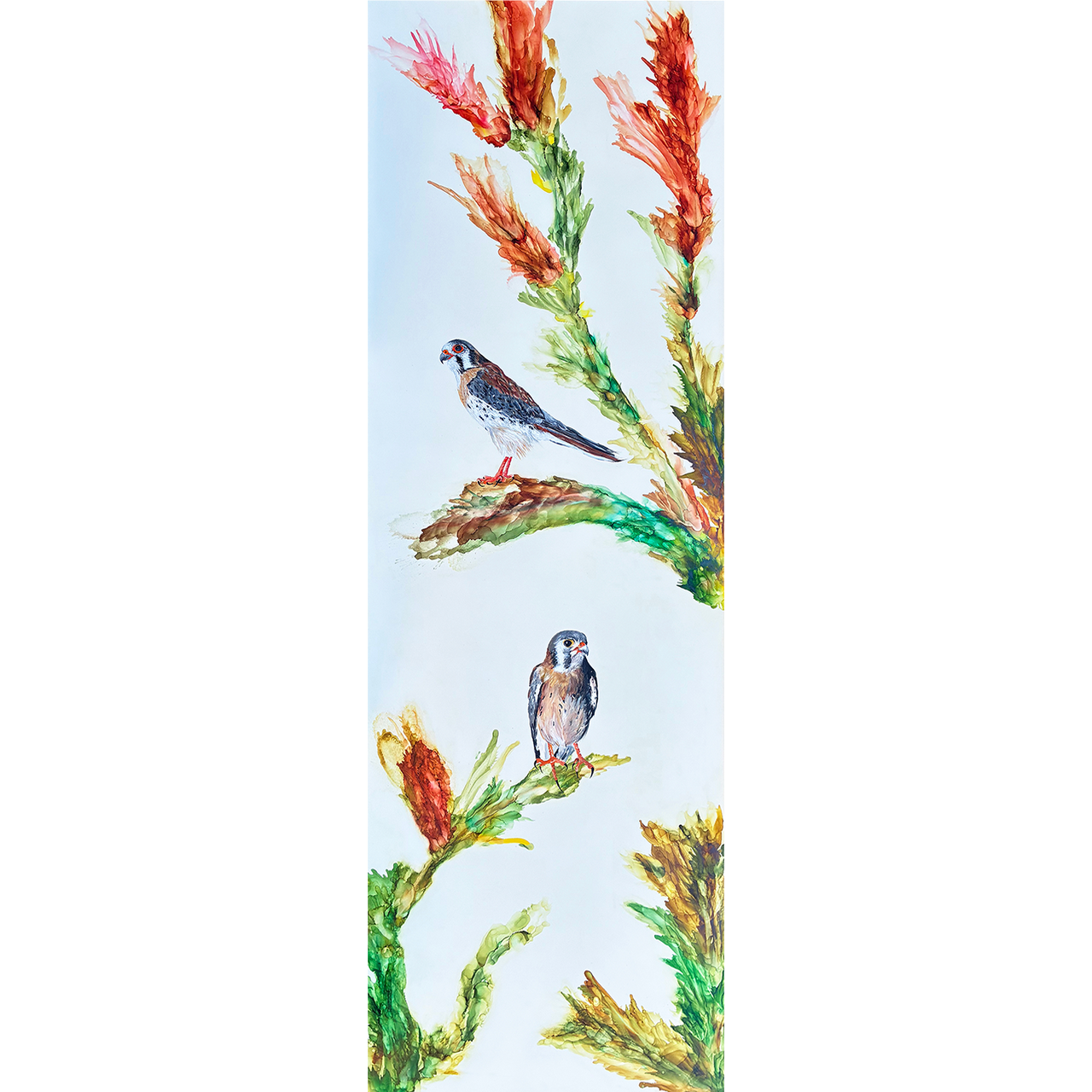 A tall vertical painting of two kestrels perched on abstract, colorful branches with vivid red, green, and gold botanical forms, set against a light background.