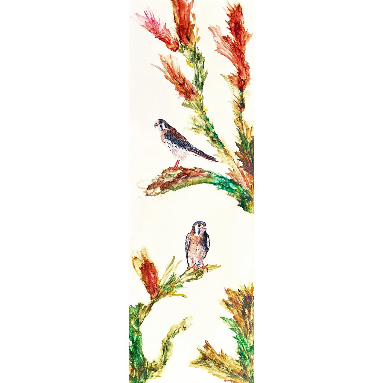 morning kestrels Morning Kestrels by Jennifer Bain is a contemporary bird painting featuring two kestrels perched among expressive botanical forms. Ink and acrylic on clayboard, 72 x 24 inches (73 x 25 inches framed). Original artwork available for $6000.