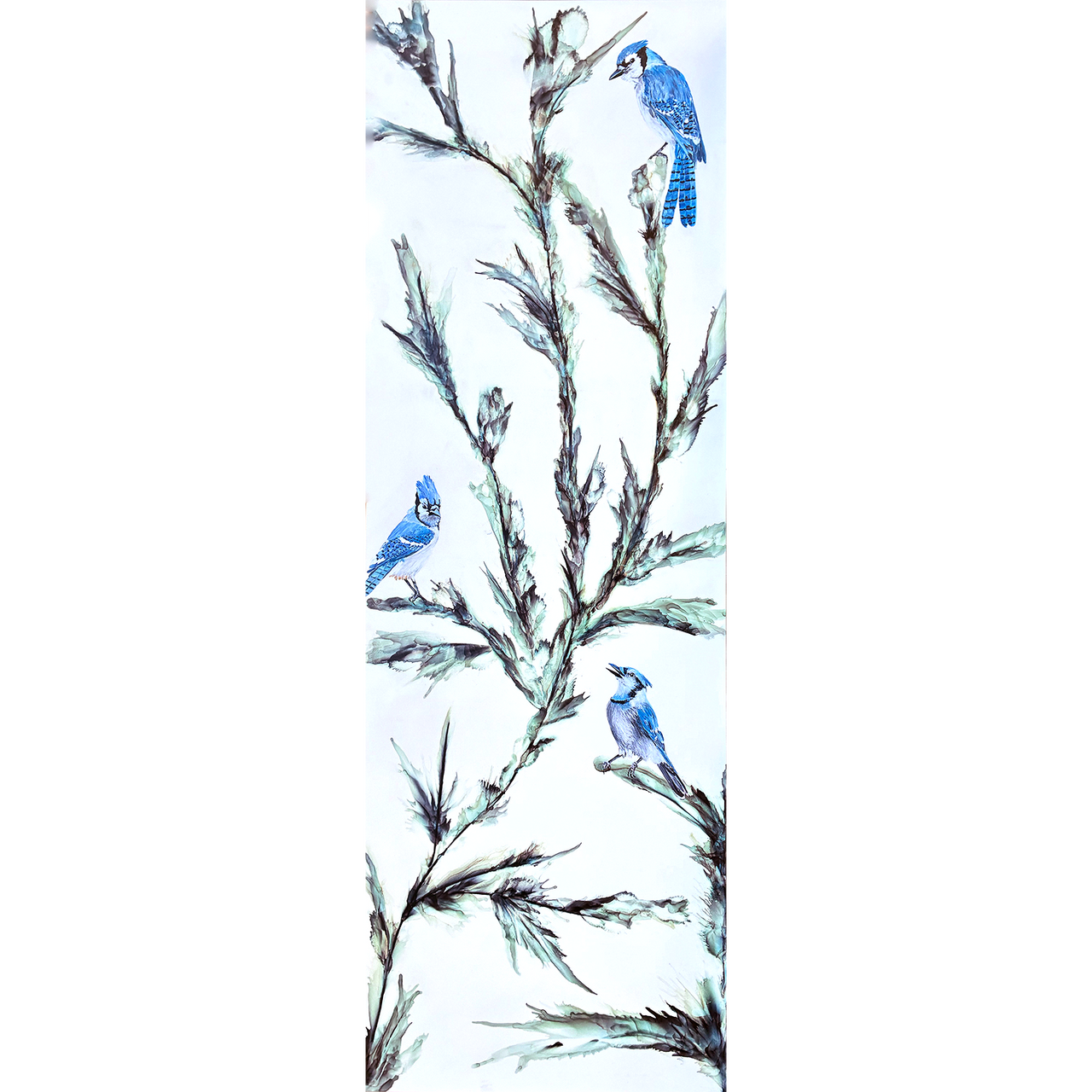 A tall vertical painting of three blue jays perched on branches with abstract green and black ink foliage, set against a pale background.