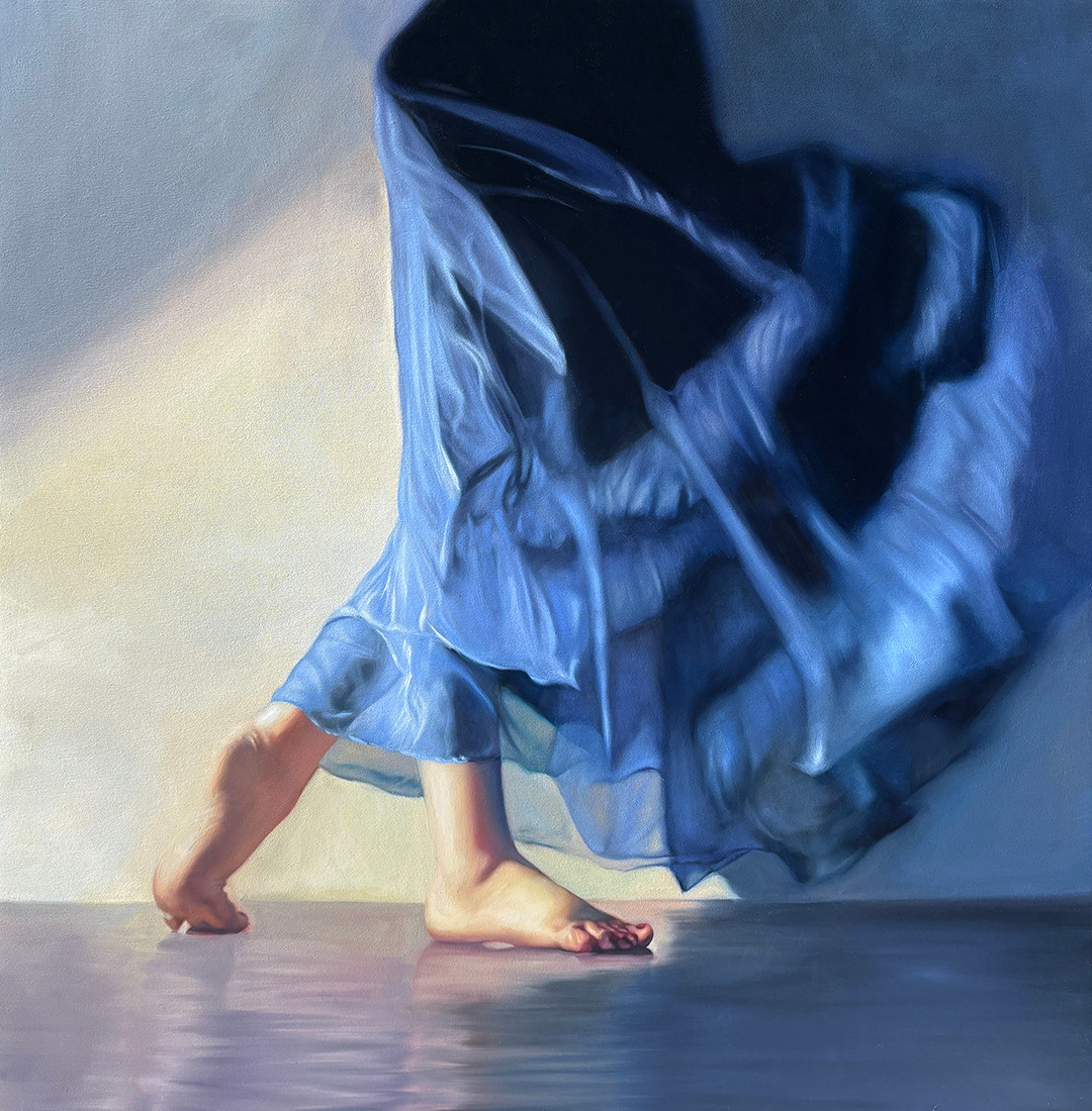 Realistic oil painting by Courtney Murphy of bare feet mid-step beneath a flowing, translucent blue skirt, casting soft shadows on a reflective floor.