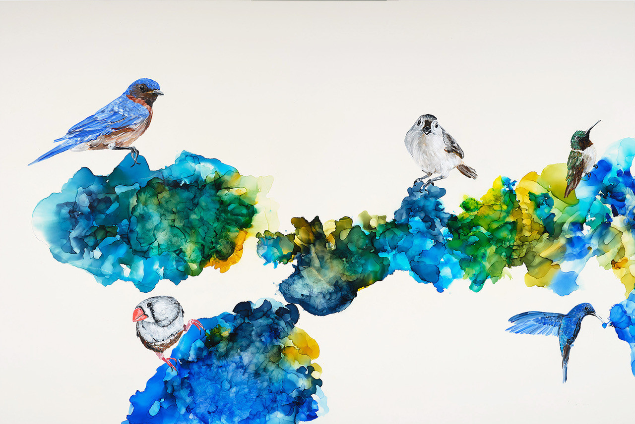 Painting by Jennifer Bain, Rendezvous I, ink and acrylic on panel, 24 x 36, framed, 2025.