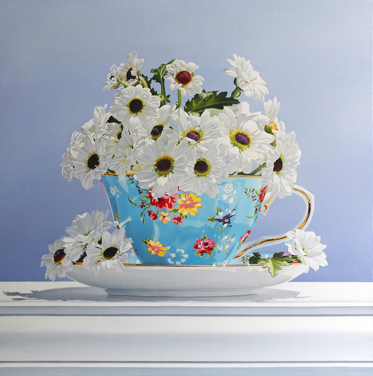 Oil painting of white daisies arranged in a turquoise floral teacup on a saucer against a soft blue background by Alexandra Averbach.