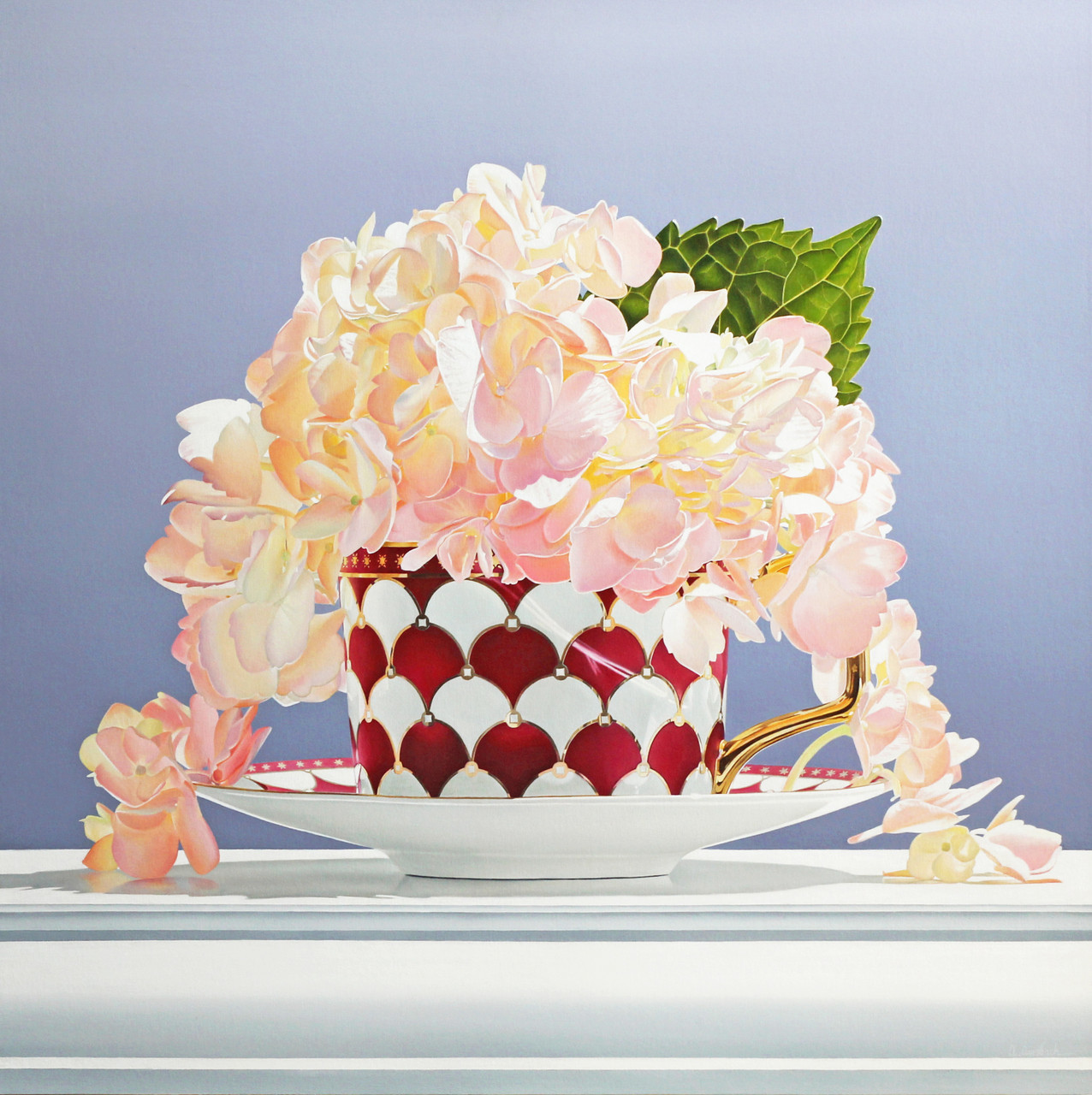 Oil painting of soft pink hydrangea blossoms overflowing from a red patterned teacup with a gold handle, resting on a white saucer against a pale blue background, by Alexandra Averbach.