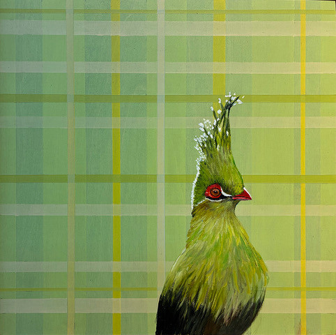 A stylized green crested bird with a red eye and beak stands against a soft geometric plaid background in layered greens and pale yellow tones.