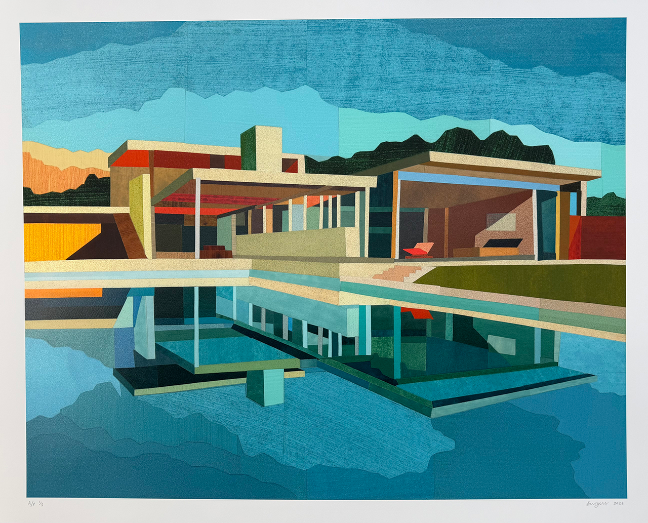 Andy Burgess Kaufmann House 2026 artist proof AP 2 of 3 modernist desert house with reflective pool geometric architectural artwork