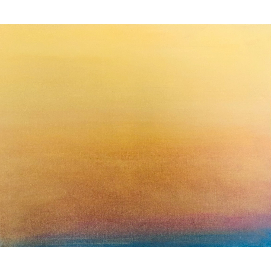 Brighton Smith Aerial Hue contemporary abstract painting with golden peach lavender and blue atmospheric gradient composition