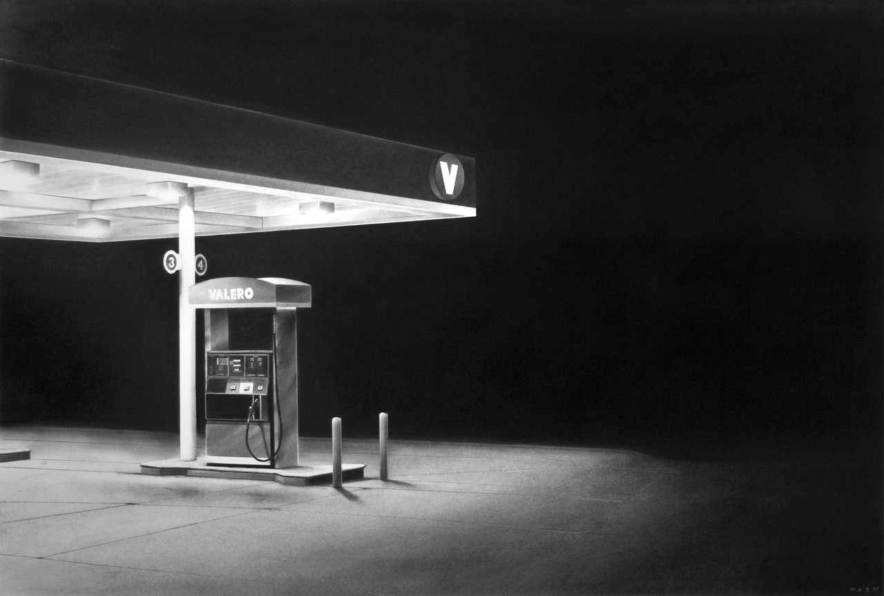 Highly detailed charcoal drawing of a solitary Valero gas pump illuminated beneath a canopy at night, surrounded by deep darkness.