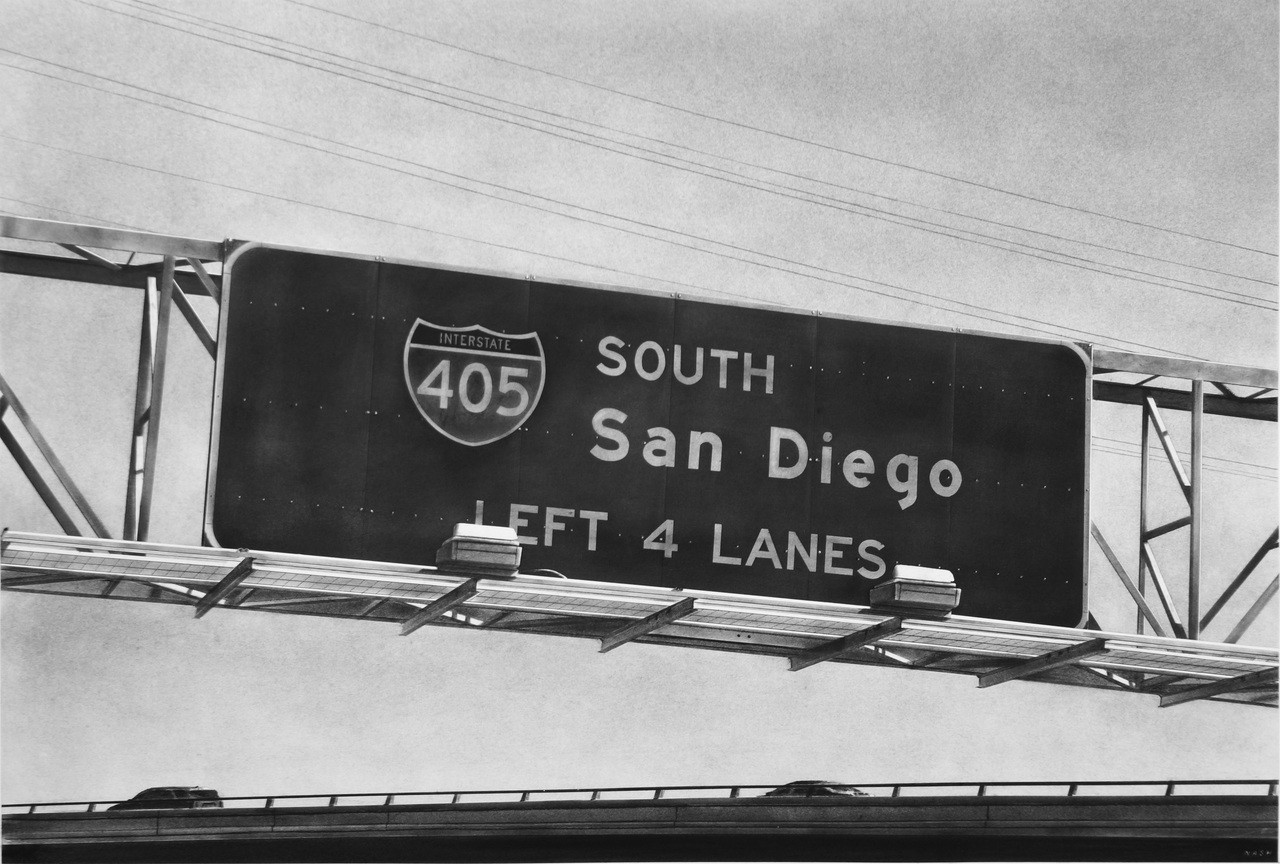 Highly detailed charcoal drawing of an Interstate 405 South freeway sign directing traffic toward San Diego above a Southern California freeway.