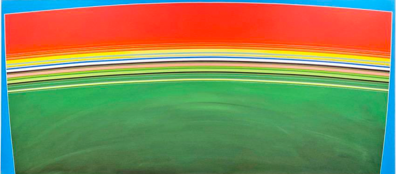 Panoramic abstract landscape painting by Kurt Herrmann featuring sweeping green hills beneath layered bands of vivid red, yellow, blue, and white, creating a luminous horizon that evokes the colors and atmosphere of spring.