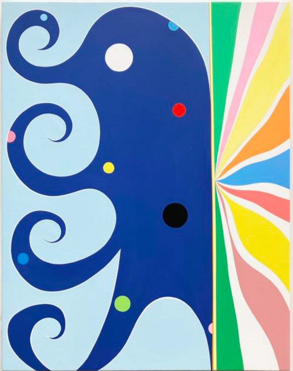 Vertical abstract painting by Kurt Herrmann featuring a large ultramarine biomorphic form with curling tendrils against a pale blue ground, balanced by a radiant fan of green, yellow, coral, and blue bands expanding from the right edge.