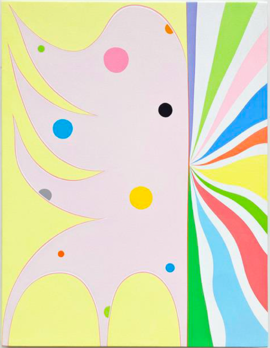 Vertical abstract painting by Kurt Herrmann featuring a large pale biomorphic form against a luminous yellow background with colorful circular accents and a radiant fan of green, blue, coral, and white bands expanding from the right edge.