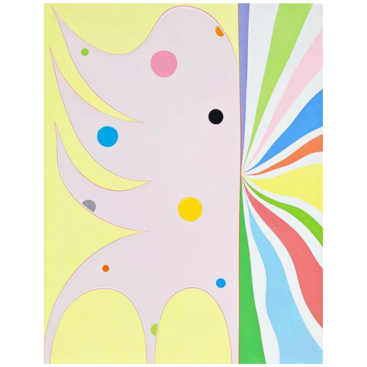 Vertical abstract painting by Kurt Herrmann featuring a large pale biomorphic form against a luminous yellow background with colorful circular accents and a radiant fan of green, blue, coral, and white bands expanding from the right edge.