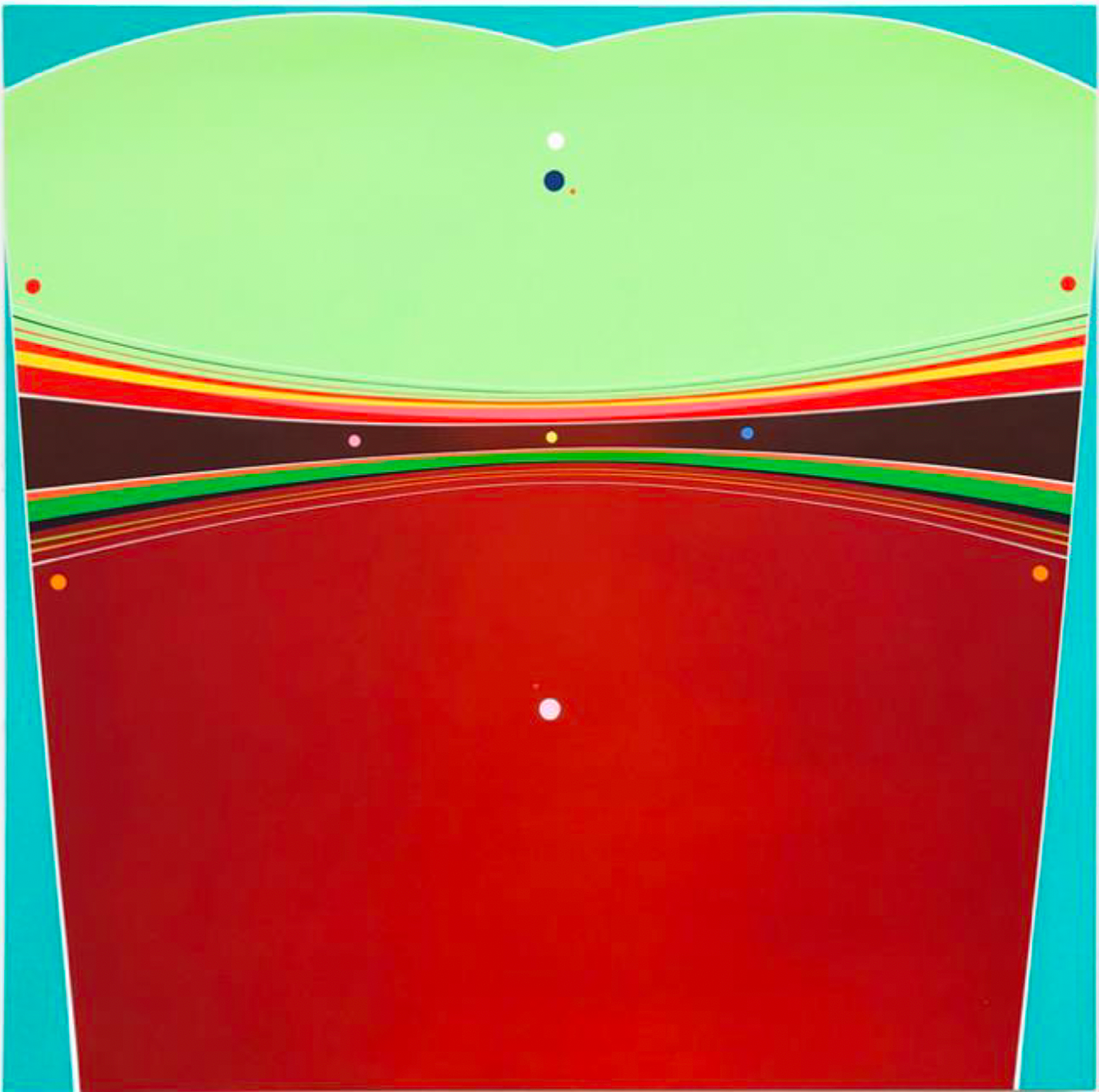 Square abstract painting by Kurt Herrmann featuring broad green and red color fields separated by layered horizontal bands of orange, green, and brown, accented with small colorful dots against a turquoise border.