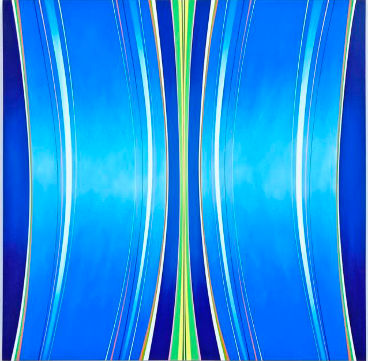 Square abstract painting by Kurt Herrmann featuring sweeping vertical bands of cobalt, turquoise, ultramarine, green, and yellow that curve toward a luminous central axis, creating an atmospheric sense of movement and light.