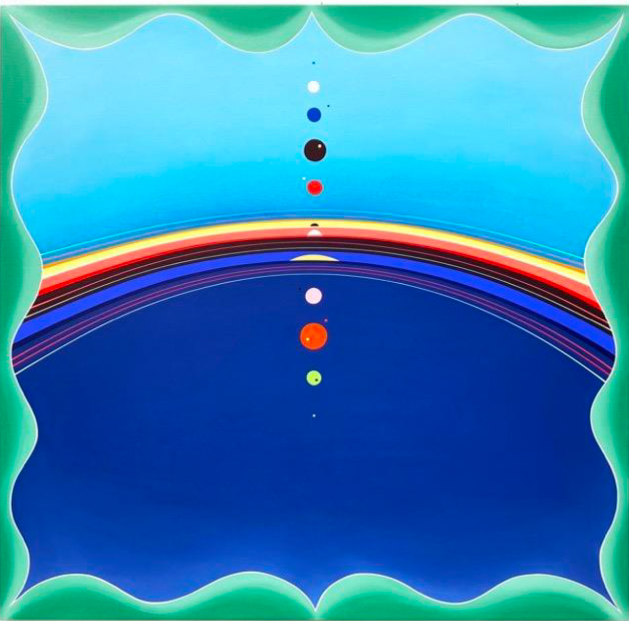 Square abstract painting by Kurt Herrmann featuring turquoise and deep blue color fields separated by a radiant rainbow-like arc, with a vertical alignment of colorful circular forms and scalloped green borders framing the composition.creating an atmospheric sense of movement and light.