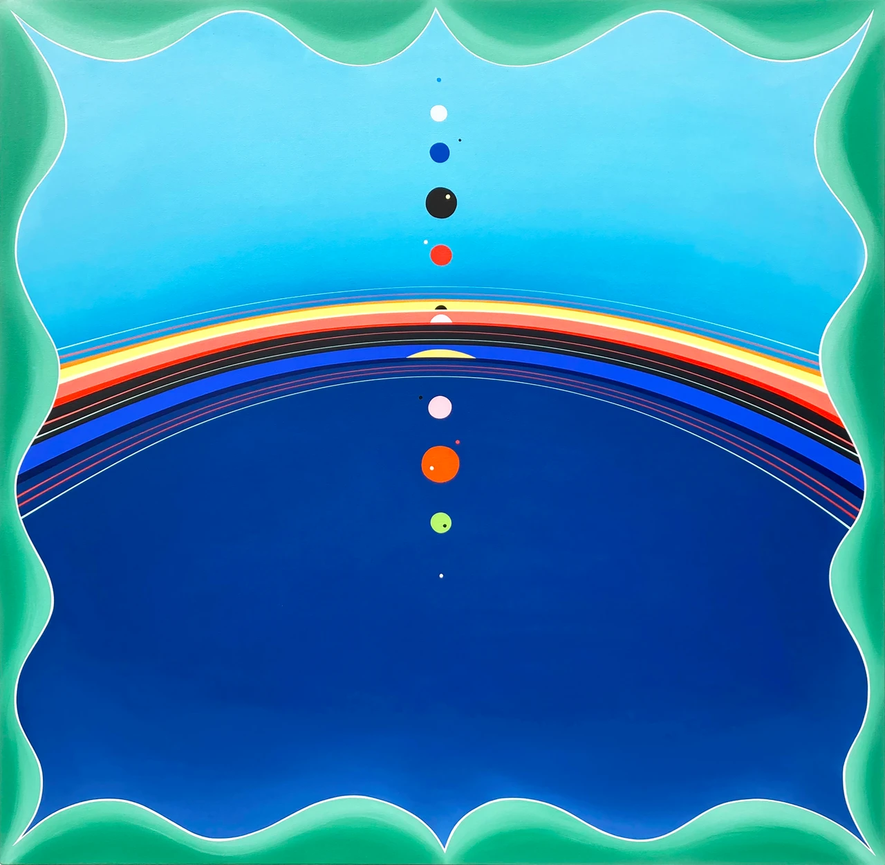Square abstract painting by Kurt Herrmann featuring turquoise and deep blue color fields separated by a radiant rainbow-like arc, with a vertical alignment of colorful circular forms and scalloped green borders framing the composition.creating an atmospheric sense of movement and light.