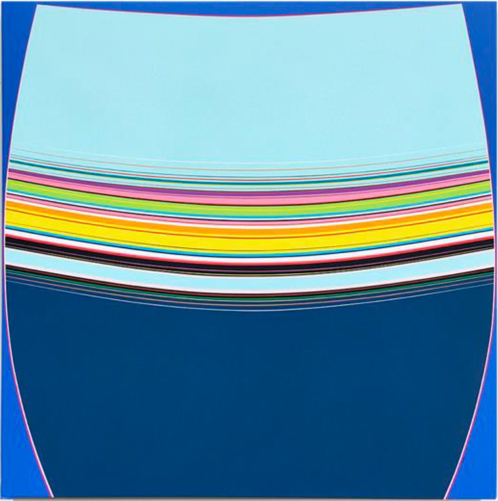 Square abstract painting by Kurt Herrmann featuring expansive light blue and deep blue color fields divided by a curved band of layered yellow, pink, green, black, and turquoise stripes that evoke a luminous horizon.