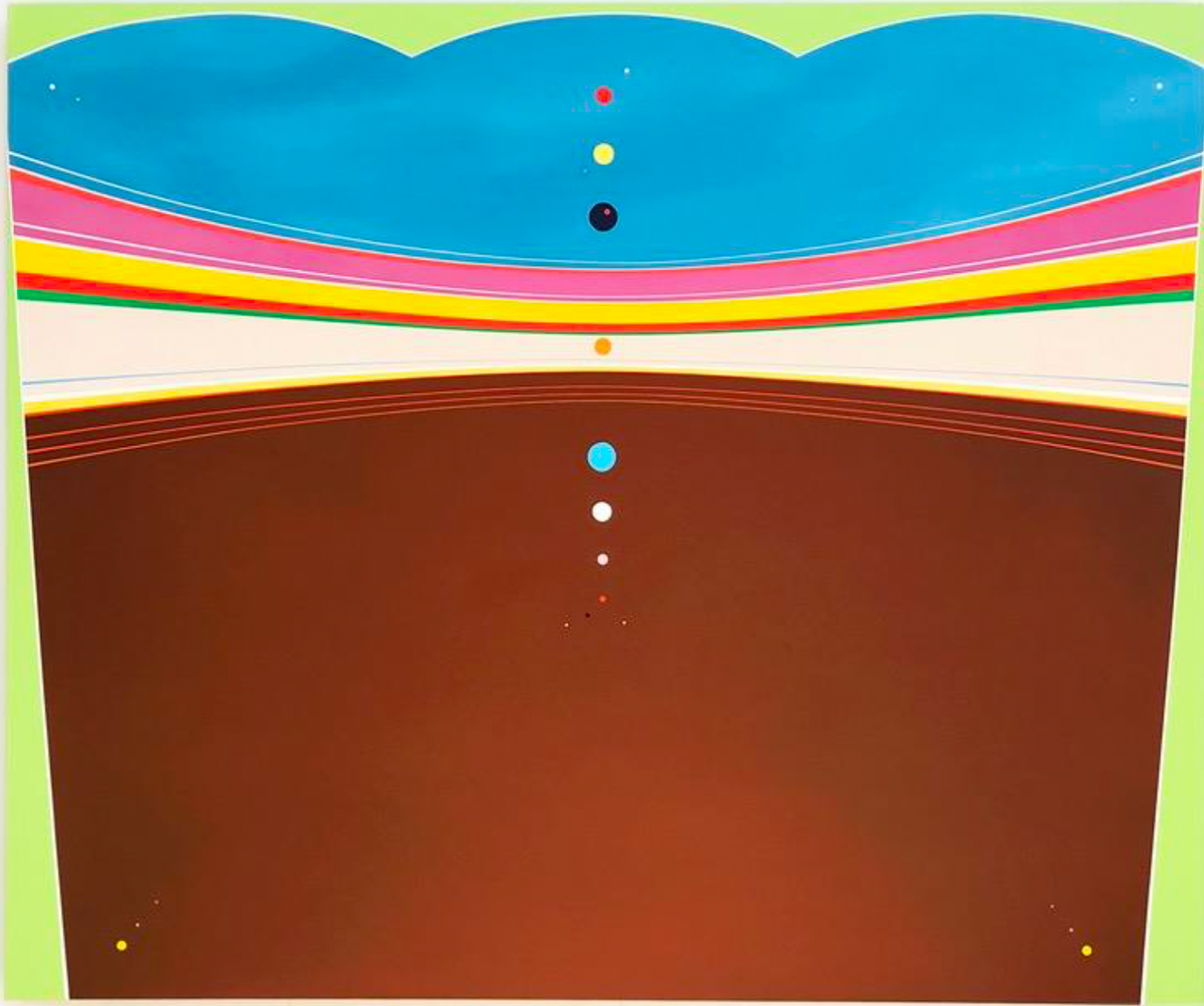 Vertical abstract painting by Kurt Herrmann featuring expansive turquoise and warm brown color fields separated by sweeping pink, yellow, red, and green bands, with a central vertical alignment of colorful circular forms against a pale green border.