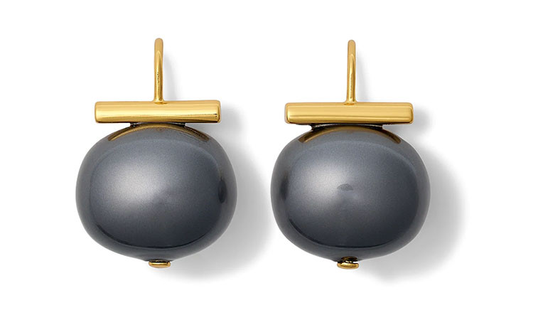Pebble Pearl Earrings featuring black noir mother of pearl Pebble Pearls with a lustrous lacquered finish, suspended from handcrafted shepherd's hooks in polished 14-karat gold over brass or sterling silver.