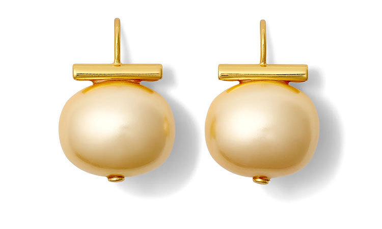 Pebble Pearl Earrings featuring Butter mother of pearl Pebble Pearls with a lustrous lacquered finish, suspended from handcrafted shepherd's hooks in polished 14-karat gold over brass or sterling silver.