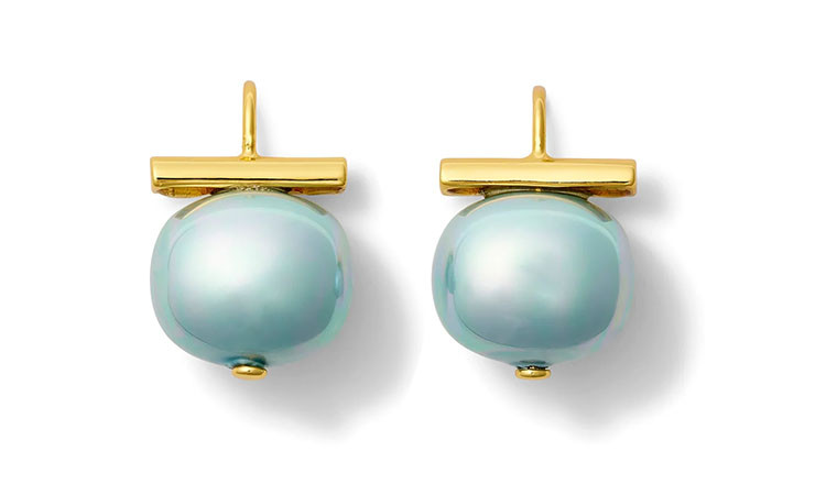 Pebble Pearl Earrings featuring Cornflower mother of pearl Pebble Pearls with a lustrous lacquered finish, suspended from handcrafted shepherd's hooks in polished 14-karat gold over brass or sterling silver.