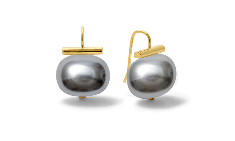 Pebble Pearl Earrings featuring Gray mother of pearl Pebble Pearls with a lustrous lacquered finish, suspended from handcrafted shepherd's hooks in polished 14-karat gold over brass or sterling silver.