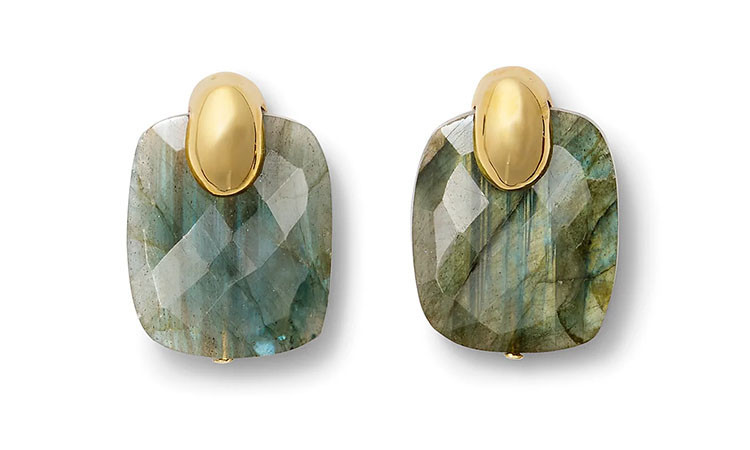 Palazzo Labradorite earrings featuring faceted rectangular labradorite gemstones with luminous gray, green, and blue iridescence, set in polished 14-karat gold over brass or sterling silver with surgical steel posts.