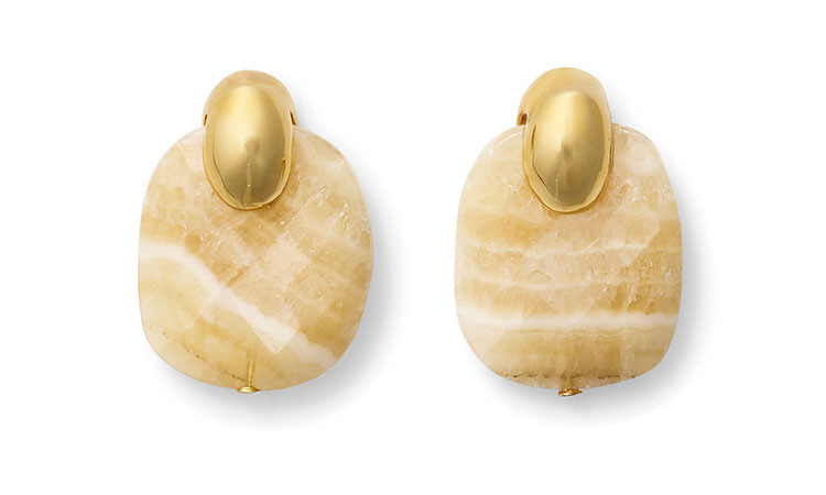 Palazzo Rutilated Quartz earrings featuring faceted rectangular semi-precious rutilated quartz gemstones with natural golden rutile inclusions, set in polished 14-karat gold over brass with surgical steel posts.