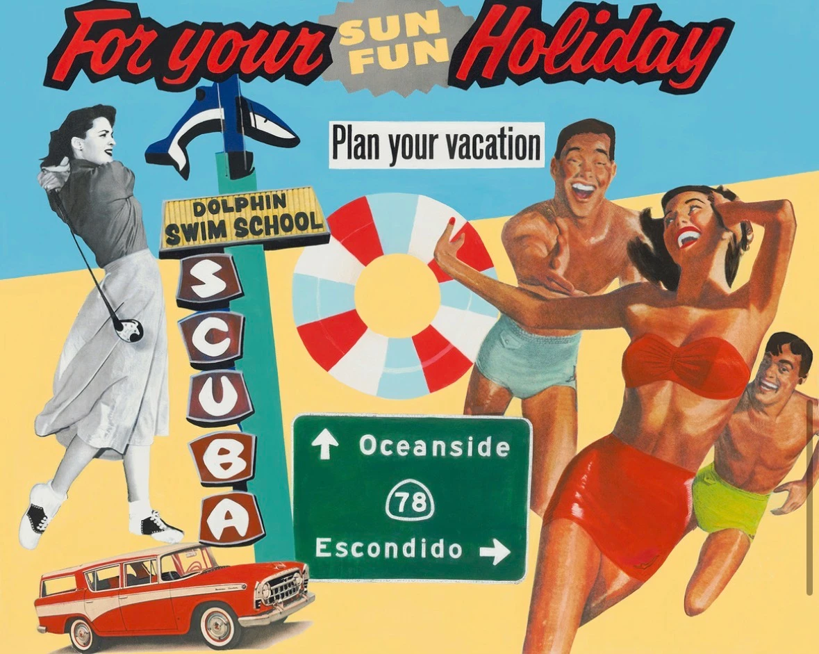 Sun Fun Holiday by Laurie Raskin, a mixed-media artwork, combines vintage swimmers, a golfer, classic station wagon, retro signage, and Southern California vacation imagery against turquoise and yellow.