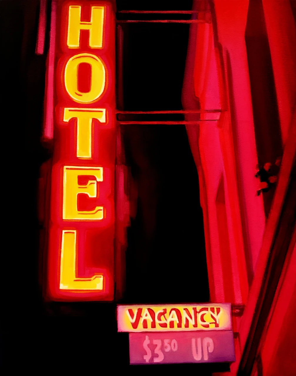 Alt description: Joan Gladstone’s painting depicts a vintage hotel sign along Route 66 in Williams, Arizona, glowing intensely against the night. Vertical yellow letters spelling “HOTEL” emerge from saturated fields of red and crimson, while a smaller illuminated “Vacancy” sign hangs below, surrounded by deep black shadows.