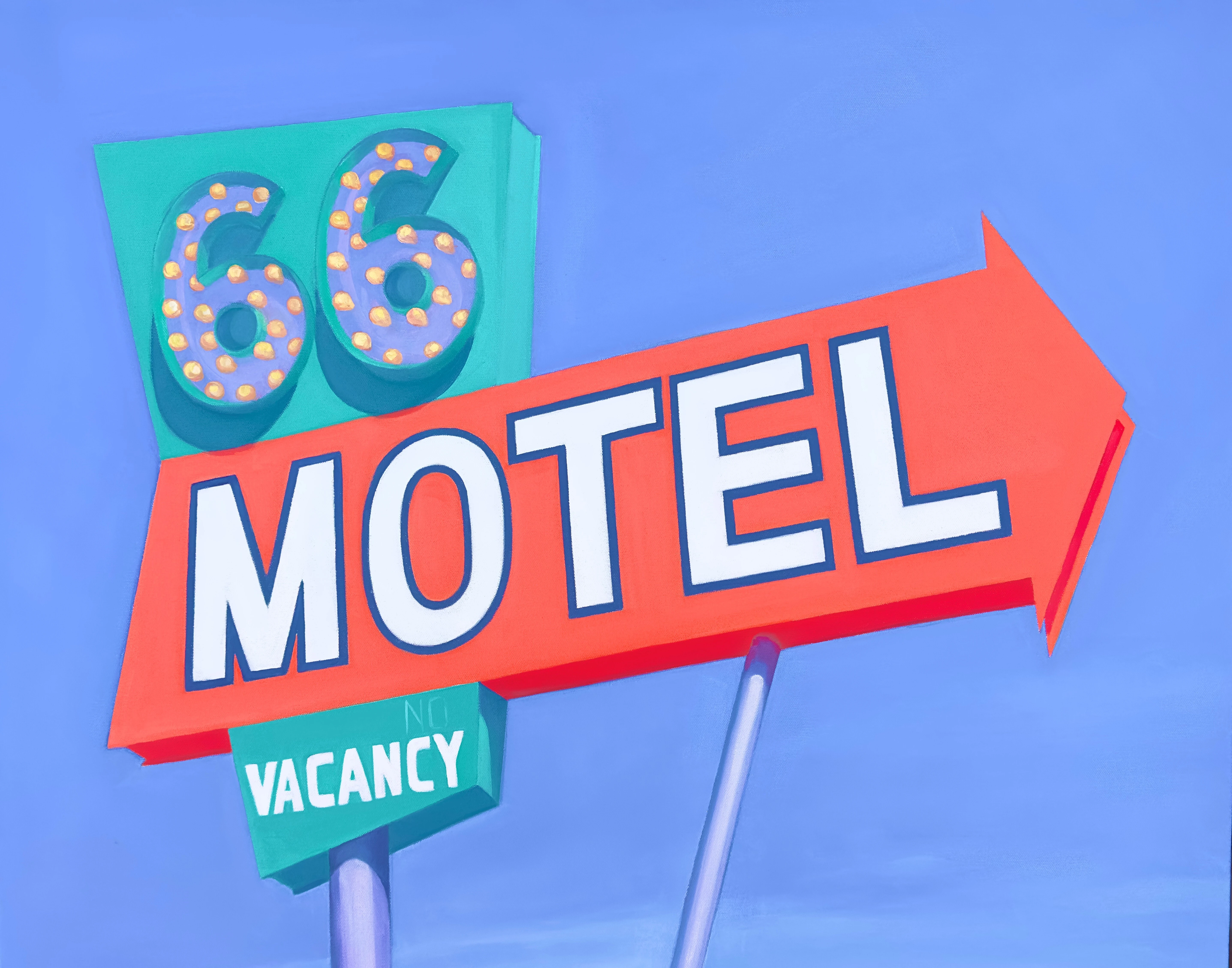 66 Motel, Needles, CA, Route 66 oan Gladstone’s painting depicts a vintage Route 66 motel sign in Needles, California, featuring an illuminated “66,” a bold red-orange arrow with white MOTEL lettering, and a turquoise “No Vacancy” sign against a luminous blue sky.