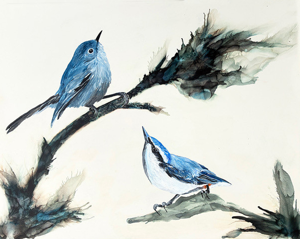 Perched on angular branches softened by expressive ink blooms, the birds face one another in what feels like a suspended conversation carried not by sound, but by presence.