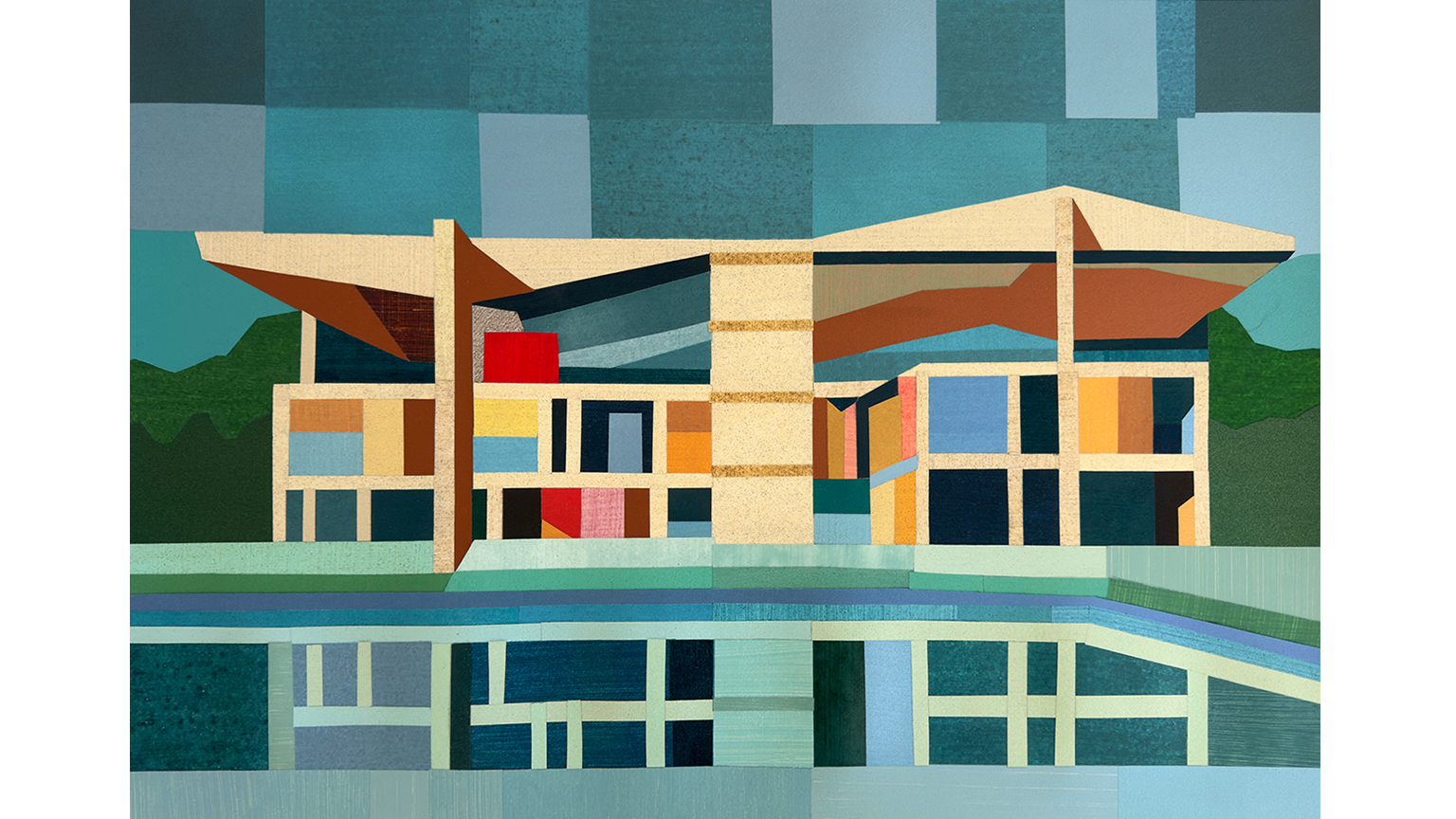 Limited edition hybrid screen print by Andy Burgess, The Pavillion Le Corbusier, 2025 Edition 11 of 22, screen print size 24.5” x 33” framed