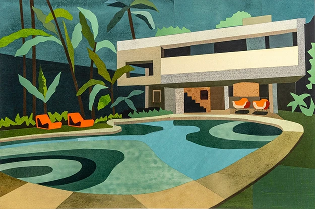 Andy Burgess Elza Berquo House 2024 limited edition screenprint 9 of 15 tropical modernist home with pool and palm trees framed artwork