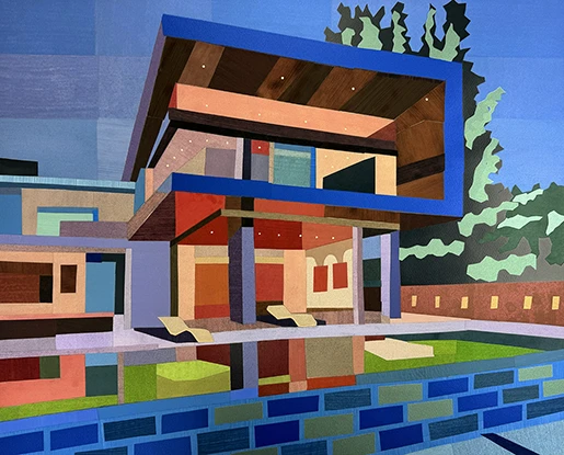 Andy Burgess Lavender House 2024 limited edition screenprint 15 of 22 modernist cantilever house with pool reflection colorful geometric artwork
