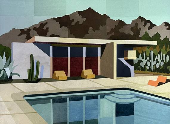 Andy Burgess Palm Springs Under the Mountains 2024 limited edition screenprint 15 of 22 modernist desert house with pool and mountain backdrop