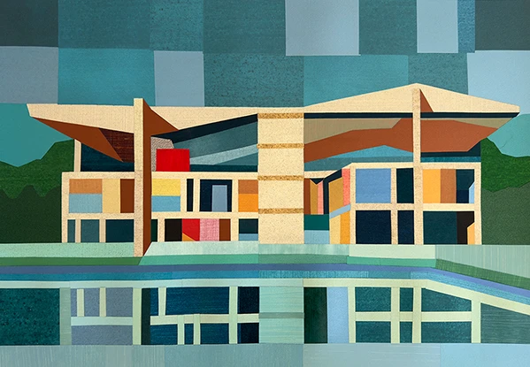Andy Burgess Pavillon Le Corbusier 2025 limited edition screenprint 11 of 22 modernist architectural building with reflective pool geometric artwork