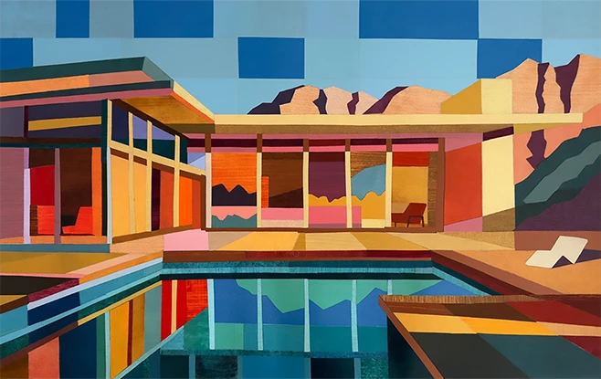 Andy Burgess Virtua House 2025 limited edition screenprint 11 of 22 modernist desert home with reflective pool framed artwork