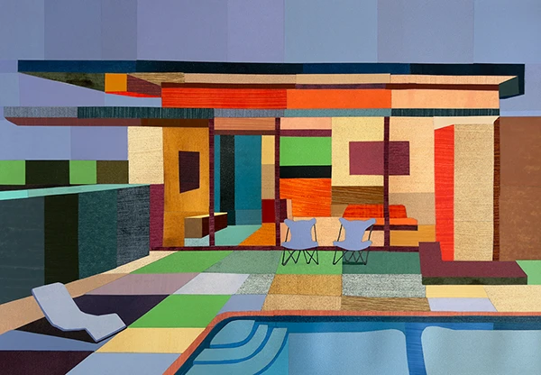 Andy Burgess Wexler Steel House 2025 limited edition screenprint 11 of 22 modernist steel and glass desert home with pool framed artwork