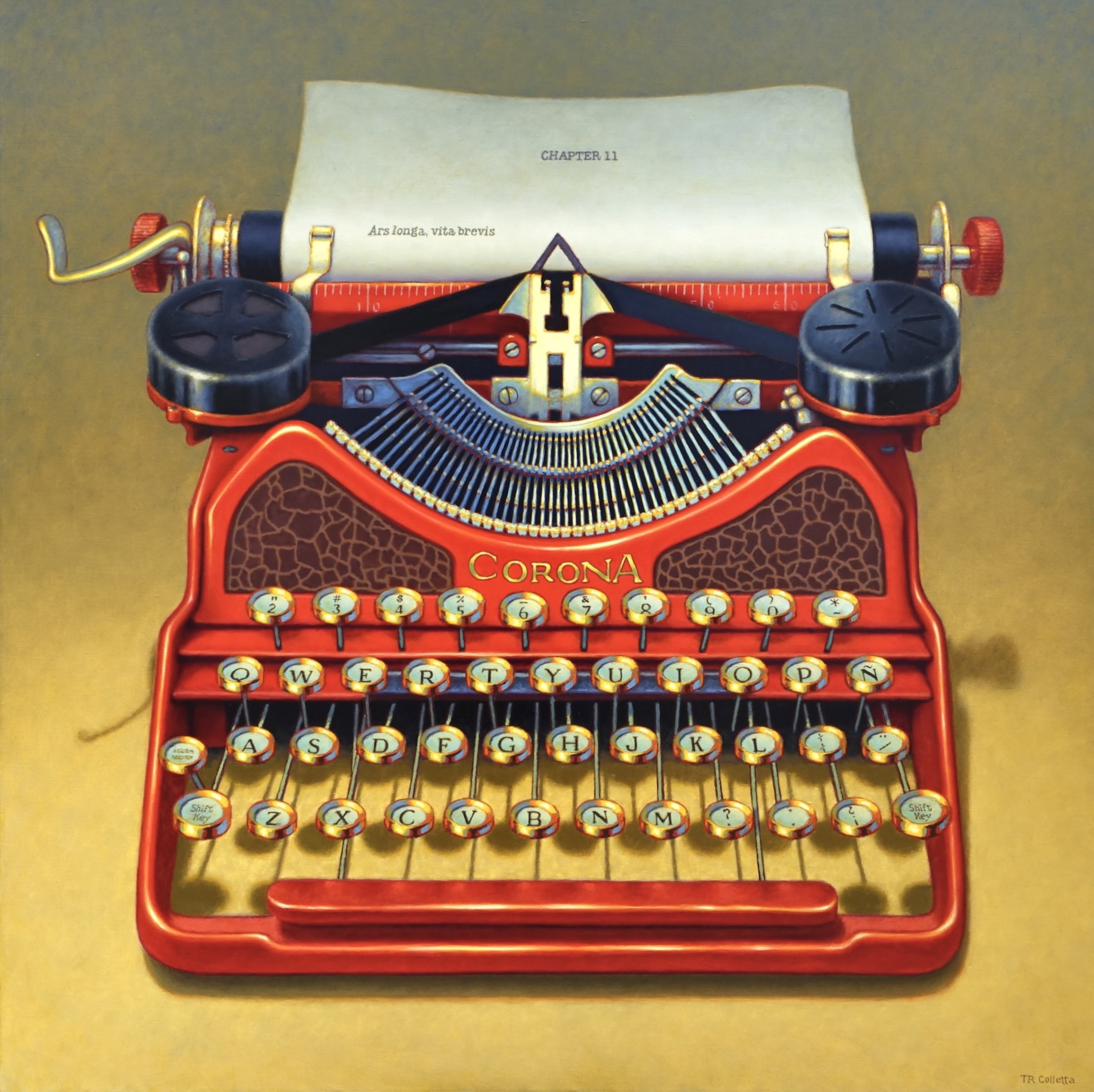 TR Colletta&rsquo;s Chapter 11 &ndash; Ars longa, Vita brevis captures a vintage red typewriter in luminous detail. Rich with symbolism and executed in oil on linen, the work reflects on the endurance of art versus the brevity of life. A striking, contemplative piece blending realism, nostalgia, and conceptual depth.