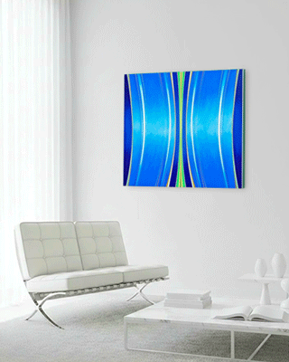 Square abstract painting by Kurt Herrmann featuring sweeping vertical bands of cobalt, turquoise, ultramarine, green, and yellow that curve toward a luminous central axis, creating an atmospheric sense of movement and light.
