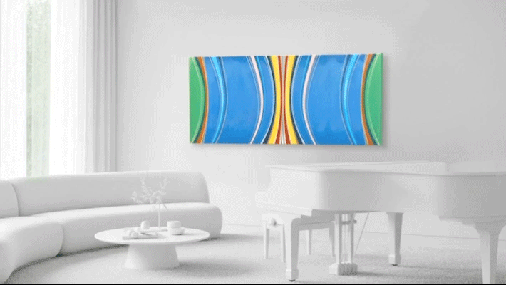 Panoramic abstract painting by Kurt Herrmann featuring expansive blue fields framed by layered bands of turquoise, green, pink, yellow, and red converging toward a luminous vertical center that evokes sunlight and atmospheric space.